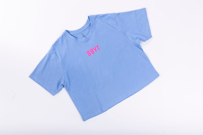 Crop Top Tee - Blue - Pink Logo