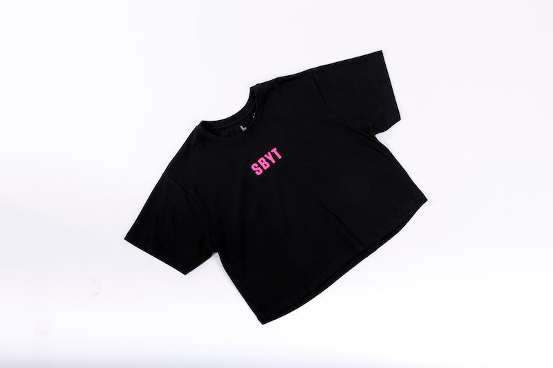 Crop Top Tee - Black - Pink Logo