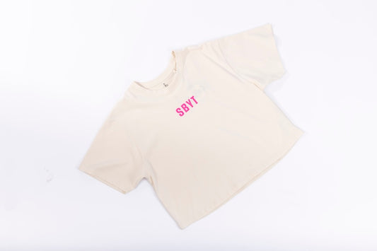 Crop Top Tee - Antique White - Pink Logo