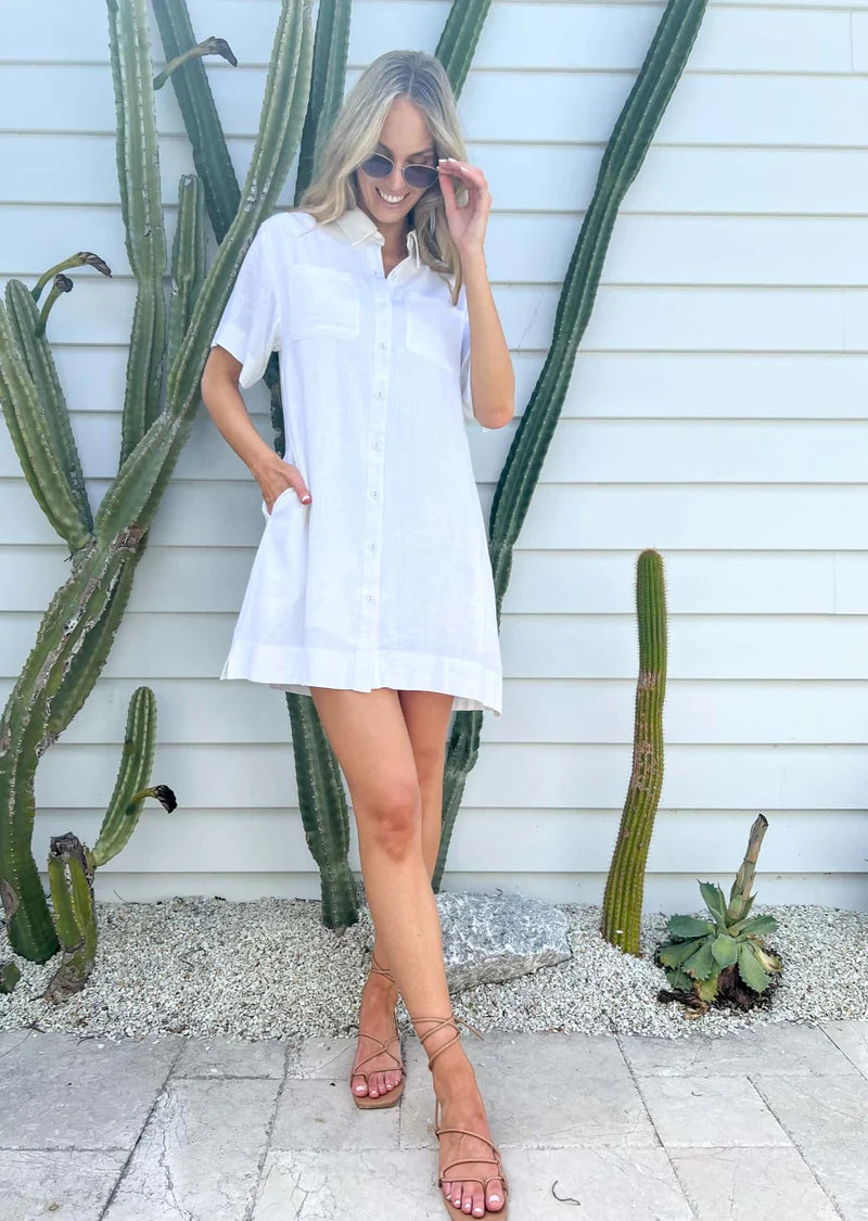 MYLK Zarah Shirt Dress - White Linen